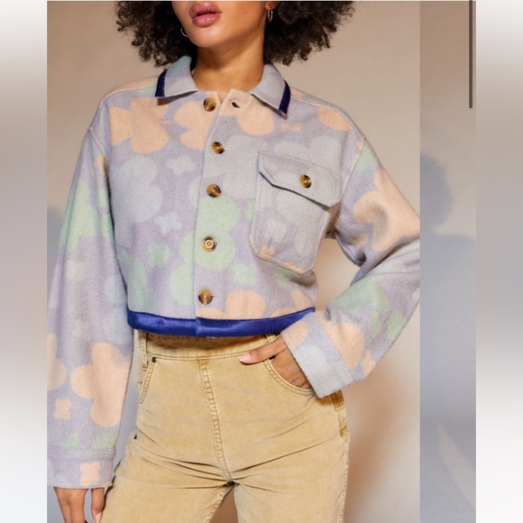 Kimchi Blue Urban Outfitters Floral Shacket jacket crop blue purple green pocket - Picture 2 of 6